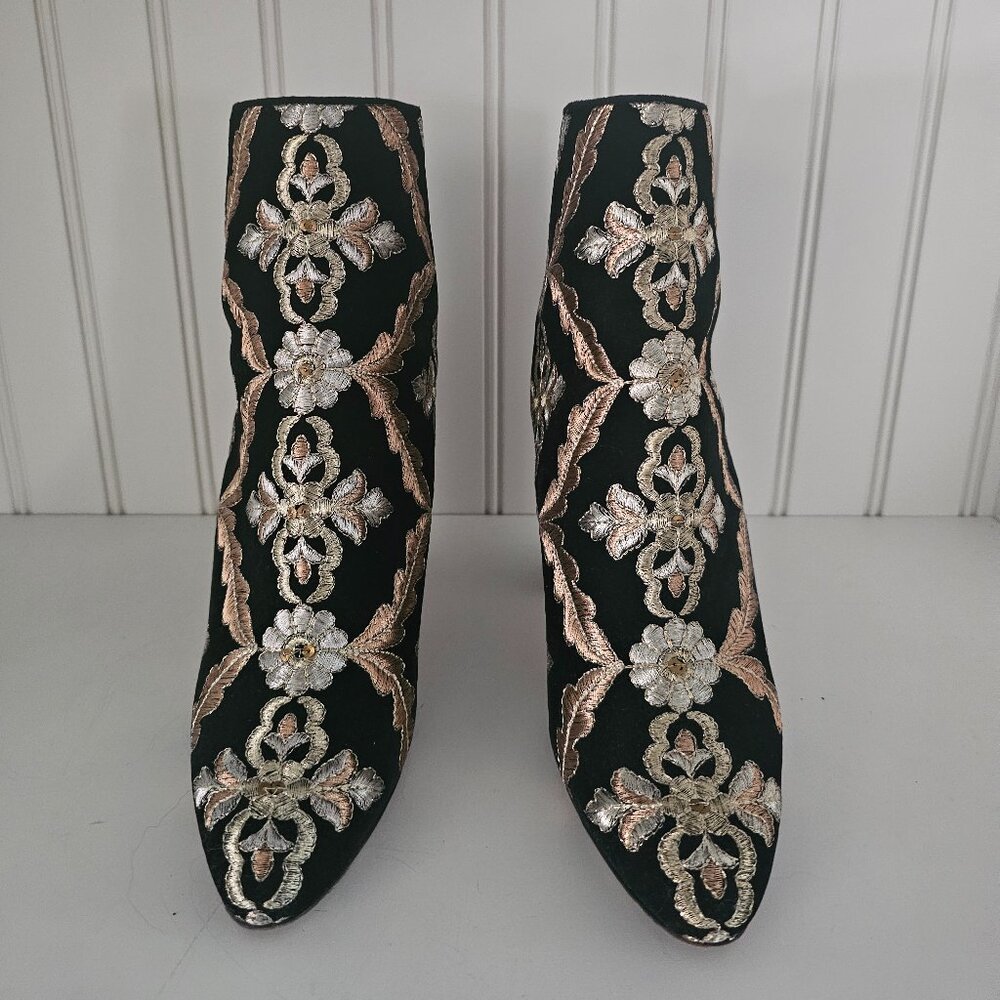 Manolo Blahnik Black Suede Brocade Ankle Boots Size 6